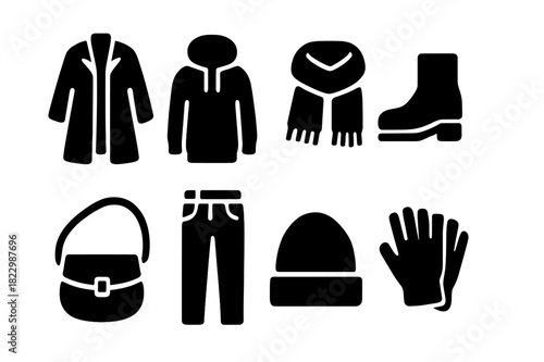 Street Style Icons. Street style layers. Filled icon set of street style layers: oversized coat, hoodie, scarf