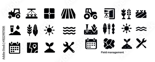 Agricultural icons collection: tractors, crops, tools, and field management symbols