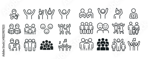 Diverse group icons illustrating teamwork, music, reading, and social interactions