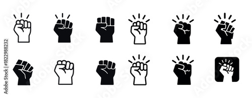 Set of raised fist icons in various styles and designs
