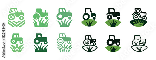 Set of green tractor icons with grass elements in various designs