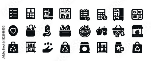 Icon set: budgeting and healthy lifestyle black icons