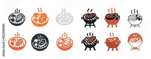Barbecue grill icon set: various styles and colors of bbq grills and steaks