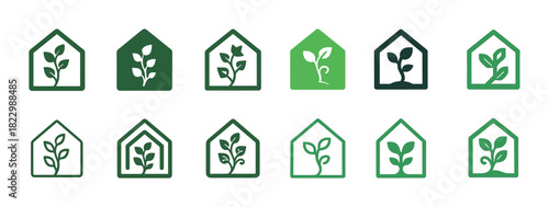 Greenhouse icon set featuring various plant designs for eco-friendly concepts