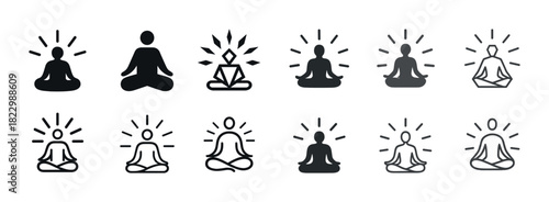 Meditation icon set: geometric and minimalist designs in various styles
