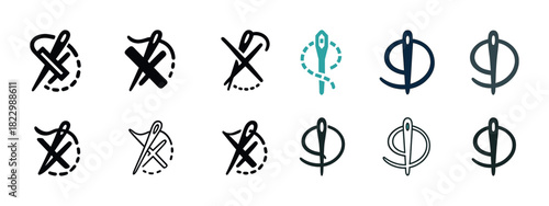 Sewing needle and thread icons for stitching and embroidery enthusiasts