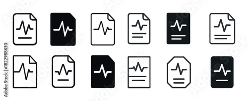 Collection of black and white document icons with heartbeat symbols