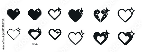 Various heart icon designs with stars and wishes in black and white