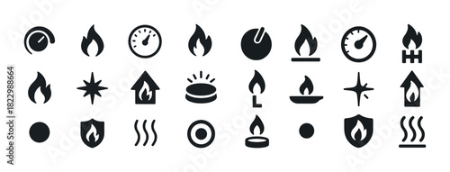 Fire and heat icon set with flames and temperature symbols