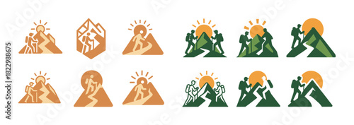 Abstract hiking and mountain icons with sun and nature themes