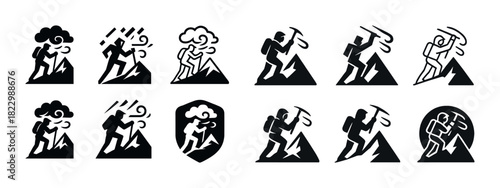 Hiking adventure icons: diverse weather and mountain challenges