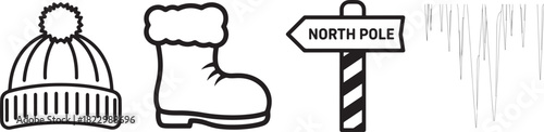 Outline Black and White Winter Icons: Hat, Boot, North Pole, Icicles