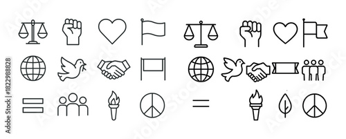 Set of peace and justice icons featuring scales, peace signs, and flags