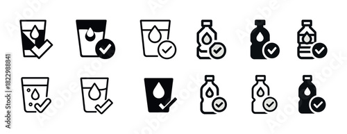 Essential water icon set featuring glasses and bottles with check marks