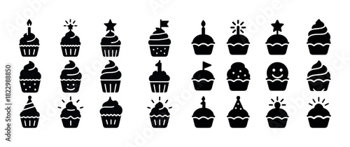 Silhouette cupcake icons with decorations and toppings