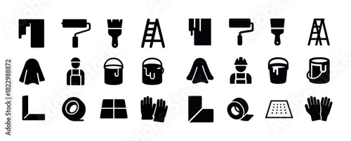 Painting and home renovation icon set: tools, equipment, workers