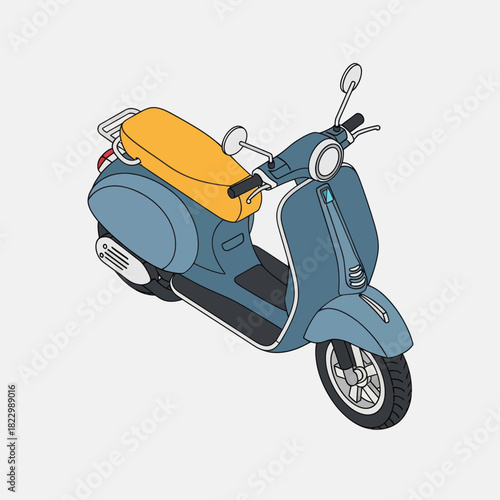 Classic Blue and Yellow Retro Scooter Isolated on White Background.