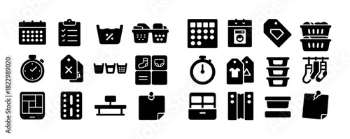 Minimalist black icon set: calendar, basket, tags, timer, organizers