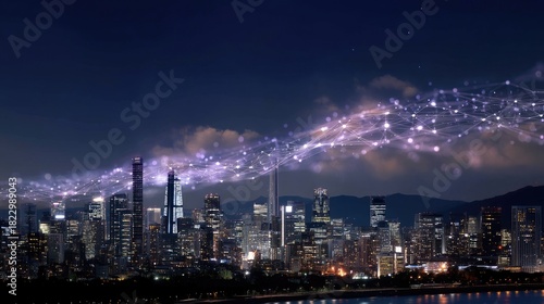 Wallpaper Mural Nighttime urban skyline with illuminated skyscrapers, digital connections and clouds over modern cityscape under a starry sky providing a futuristic atmosphere Torontodigital.ca