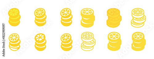 Various slices of lemon icons in a line on white background