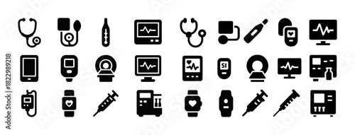 Set of medical device icons: stethoscope, thermometer, monitor, syringe, smartwatch