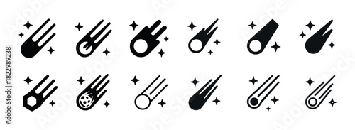 Set of comet and meteor icons with stars in black and white
