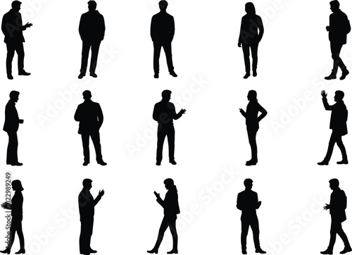 Silhouette poses, walking figures, standing gestures, human posture, black outline, body language, gesture study, motion reference, character design, casual stance