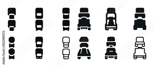 Collection of vehicle icons in various designs and perspectives