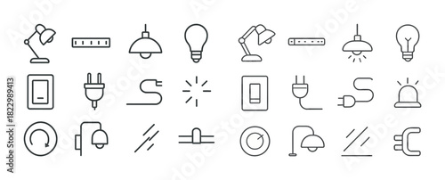 Minimalist electric icons: lamps, bulbs, switches, and plugs in line art style