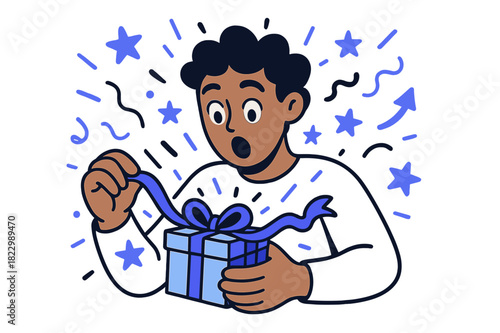 Surprising Gift Unwrap. Gift reveal. A person unwrapping a small present, eyes wide with surprise. Floating