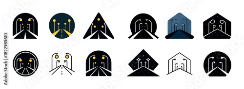 Abstract road icons in geometric shapes with unique designs