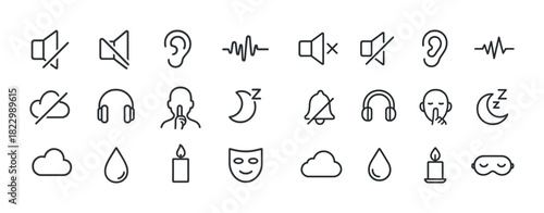 Audio and sleep icon set featuring sound, silence, sleep, and alert symbols
