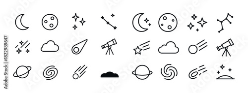 Outline icons of celestial bodies: moon, stars, planets, telescope, constellations