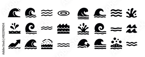 Set of 20 ocean wave and water splash icons in black silhouette style