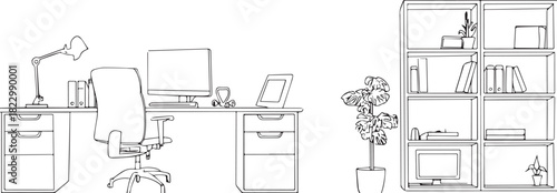 Workspace Illustration: A minimalist line drawing captures a well-organized workspace, showcasing a desk, chair, shelves, and office essentials.