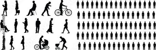 Silhouettes of diverse individuals and uniform crowd, posture variation, activity contrast, population concept, social behavior illustration