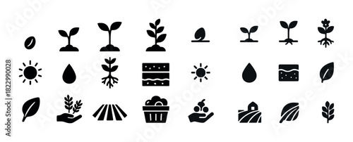 Set of agriculture icons: plants, seeds, sun, water, farm, crops, soil