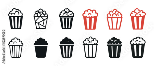 Set of popcorn icons in various styles and colors