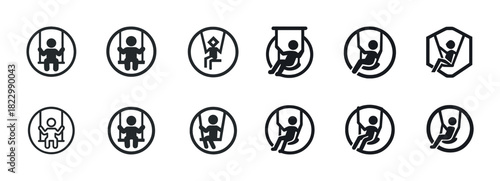 Playground swing and climbing icons set in black and white