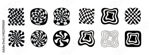 Abstract optical illusions: black and white geometric patterns in distorted grid designs