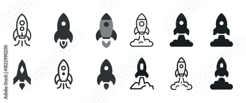 Rocket ship icons collection: diverse designs and styles in black and white