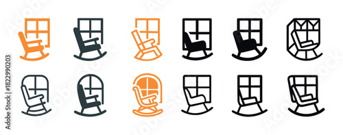 Rocking chair icon set with window variations in multiple styles