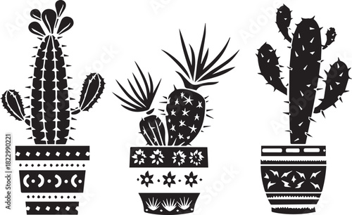 Exotic Cactus Trio: A striking monochrome depiction of three distinct cactus plants in decorative pots, arranged in a visually pleasing composition.