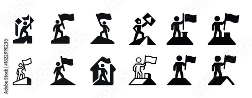 Achievement icons set: diverse silhouettes with flags on peaks
