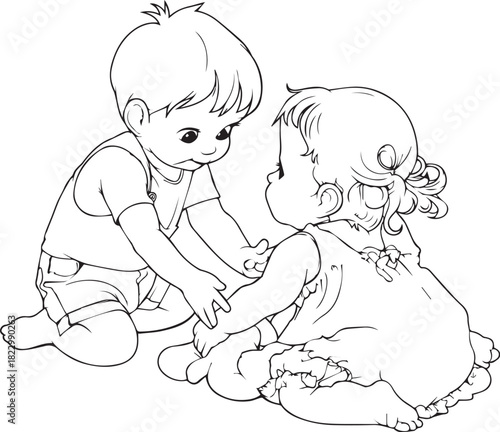 Adorable Bond: a drawing illustrating tender interaction, the scene portrays a little boy and girl engaging in a sweet moment filled with love and warmth. capturing innocence.