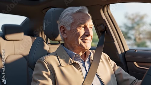 Smiling senior man driving a car, safely buckled up, representing independent mobility and responsible driving.