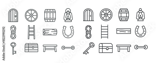 Set of vintage nautical and adventure icons: barrel, lantern, horseshoe, key, rope, ladder