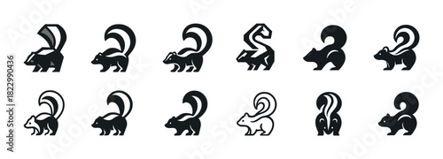 Black and white skunk icons set: diverse stylized skunk poses
