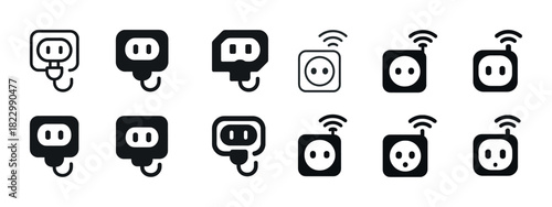 Various black and white smart plug and socket icons with wi-fi symbols