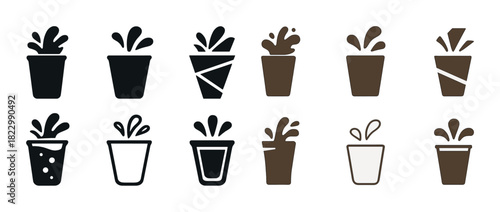 Collection of abstract coffee cup icons with splash designs in black and brown